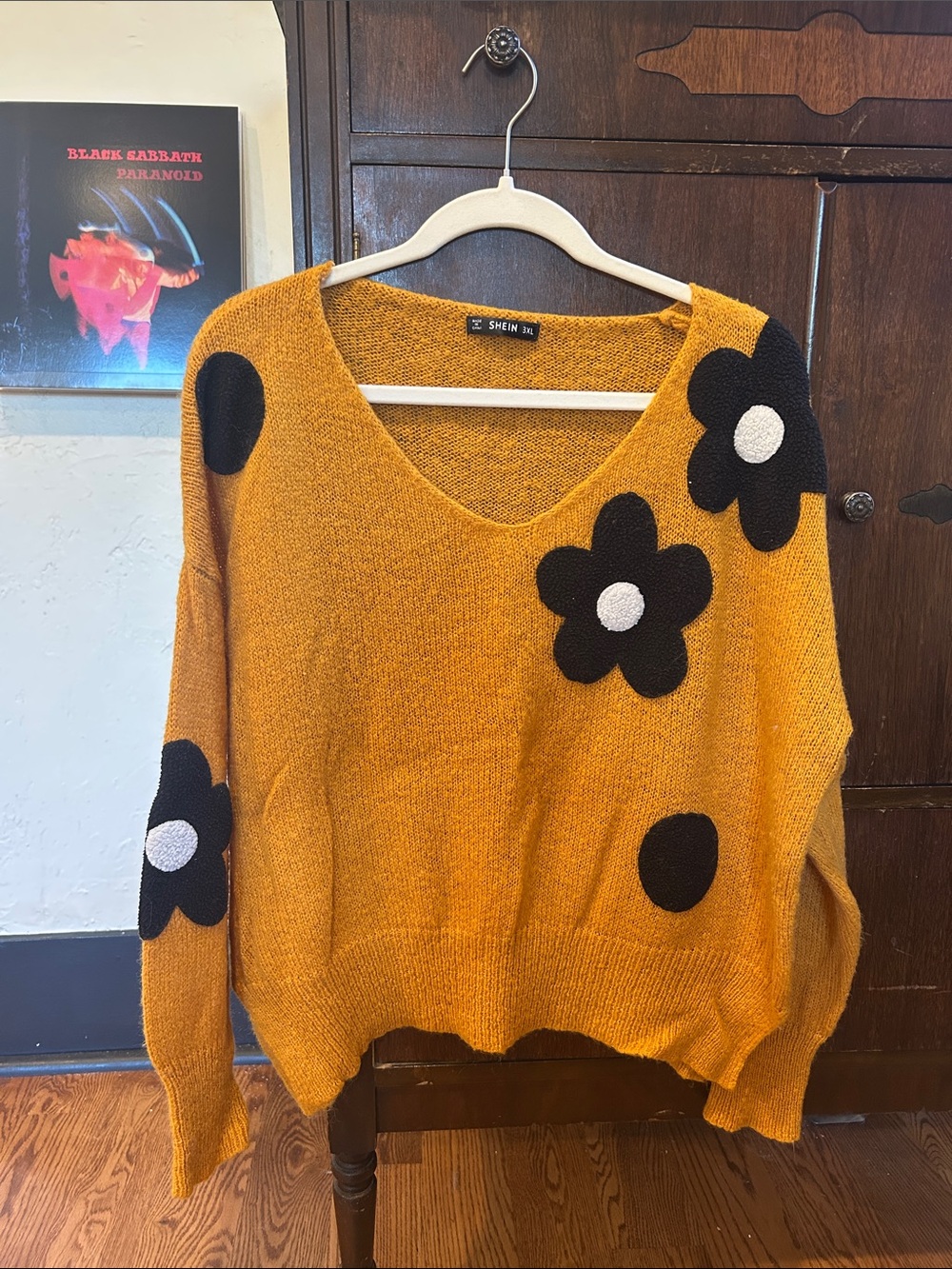 SHEIN Mustard V-Neck Sweater with Black & White Flower Accents
